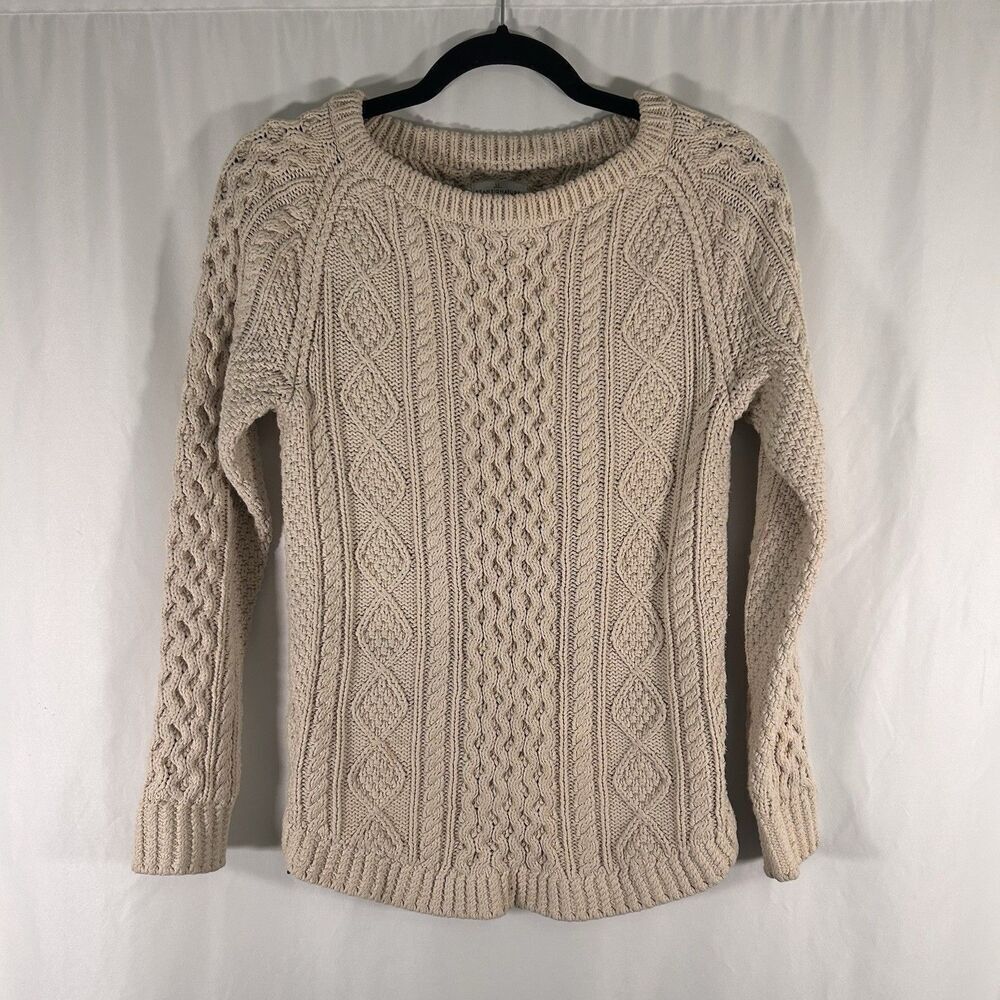 LL Bean Signature Sweater Women XXS Ivory Open Knit Heavy Long Sleeve Round Neck